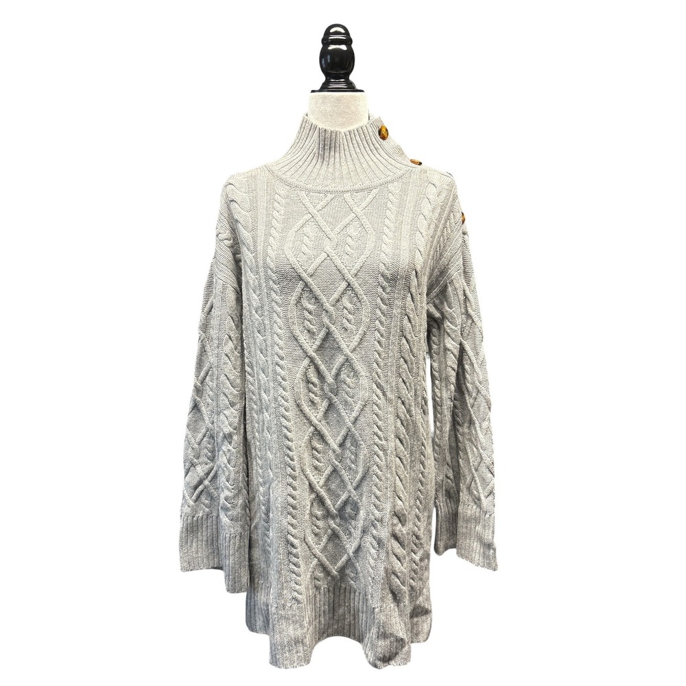 Sea Bleu Wool Cashmere Cable Knit Turtleneck Sweater Gray Shoulder Button Size S